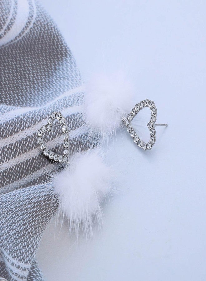 IRCOMULTI Winter Pom Pom Earrings White Fluffy Stud Earrings Pom Pom Ball Earrings Faux Fur Ball Earrings Fluffy Pom Dangle Earrings Jewelry for Women(CZ Heart Style) - Image 4